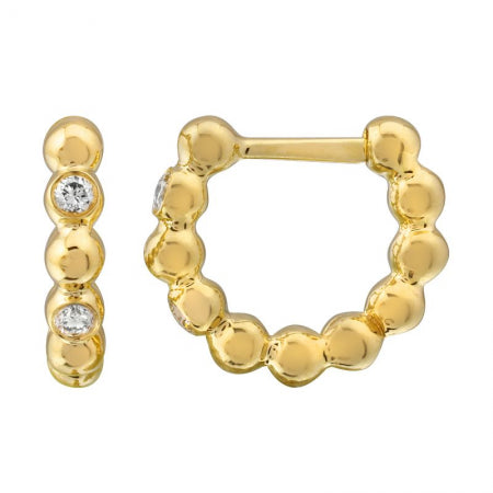 14k Yellow Gold Bead Diamond Huggie Earrings