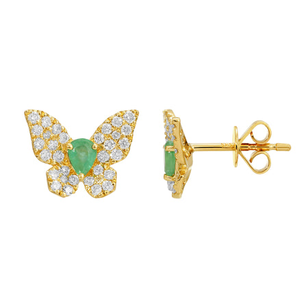 14k Yellow Gold Emerald & Diamond Butterfly Stud Earrings