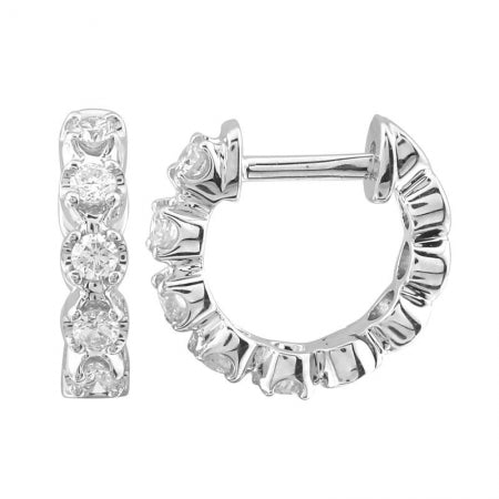 14k White Gold Crown Prong Diamond Huggie Earrings