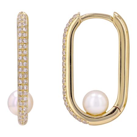 14K Yellow Gold Diamond & Pearl Rectangle Huggie Earrings