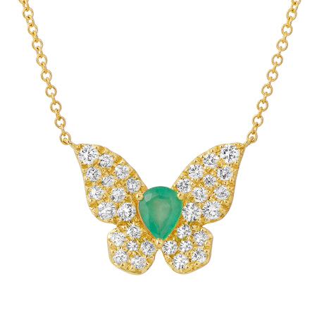 14k Yellow Gold Emerald & Diamond Butterfly Necklace