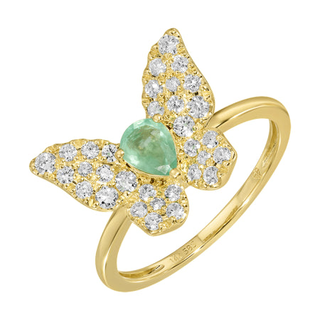 14k Yellow Gold Emerald & Diamond Butterfly Ring — Size 6.5