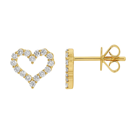 14K Yellow Gold Open Heart Diamond Stud Earrings